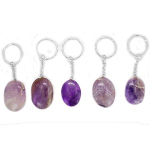 Porte-clés ovale en pierre naturelle améthyste, pierre précieuse dorée, vente en gros - Product Image 1