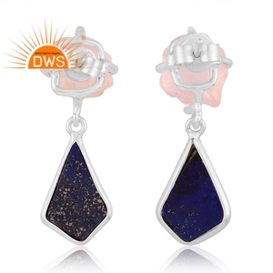 Best Quality <b>Fine</b> Sterling Silver Natural Rose Quartz & Lapis Lazuli Gemstone Dangle <b>Earring</b> Custom Jewelry Manufacturer - Product Image 4