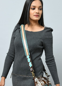 Real Cow Leather Antic Brass Hard Ware Leather Purses Straps Handles Leather Straps for Bag With Turquois <b>Braiding</b> - Product Image 4