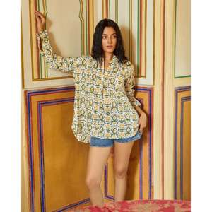 <b>Bohemian</b> Style Paro <b>Top</b> (Yellow) High Quality Woven Cotton Cropped <b>Top</b> with Embroidered Floral Print XL Size - Product Image 1
