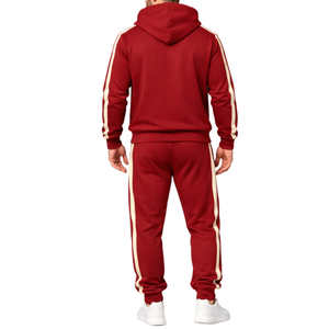 Conjunto Deportivo al por Mayor para Hombre: Sudadera con Capucha Borgoña y Pantalones de Chándal con Rayas Laterales en Contraste, Estilo Casual para Gimnasio - Product Image 2