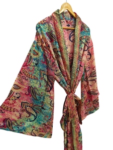 <b>Silk</b> <b>Kimono</b> For Woman's Woman Night Wear Long Robe, Floral Print Indian Vintage Recycled <b>Silk</b> Sari <b>Kimono</b>, - Product Image 5