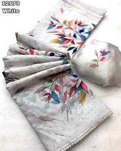 Saree Fabric: Heavy Marshmallow blooming Georgette saree with multi colored digital print swirowski work allover saree - Product Image 5