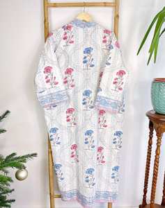 Alta calidad diseñador Kantha algodón largo Reversible Kimono bata hecha a mano Eco-moda azul Rosa Blanco Floral Gardenia 6XL playa - Product Image 4