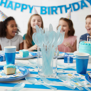 Juego de Cubiertos Desechables de Plástico con Purpurina Azul Premium, Juego de Cubiertos Perfecto para Fiestas de Cumpleaños, Baby Shower, Cenas - Product Image 2