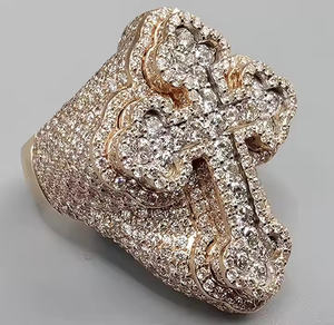 Iced Out Princess Cut Cross Diamond Custom Bust Down Hip Hop Anillo de campeón para hombres Diamantes de moissanita tachonados 14kt Oro amarillo - Product Image 2