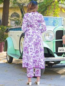 Crochet encaje indio étnico impreso mujeres 100% algodón Kurta pantalones cuello mangas tres cuartos paquistaní Salwar venta al por mayor India - Product Image 3