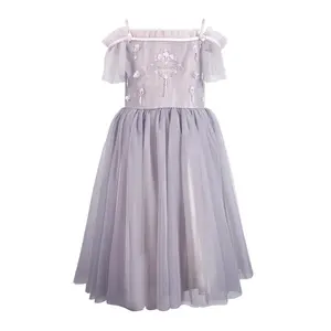 Hand Beading Sequin Machine Embroidery Baby Girl Tulle Dress Grey Off-shoulder Multi-layer Vietnam Manufacture Ella Dress