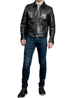 Veste matelassée à capuche pour homme, en cuir véritable du Pakistan, faite à la main, imperméable et coupe-vent, avec imprimé croco noir, prête à être expédiée