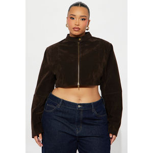 Custom Fashion High Quality Genuine <b>Suede</b> Leather Sleeves Motorcycle <b>Jacket</b> Cropped Leather Zippered Varsity <b>Jacket</b> for Women - Product Image 4