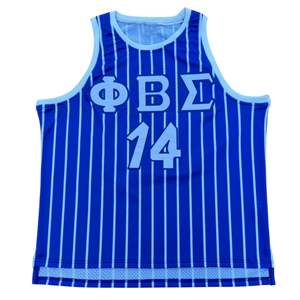 Camiseta de baloncesto a rayas azul-Phi Beta Sigma 100% Malla pesada de poliéster | Logotipos bordados y equipo de fraternidad de costilla de punto - Product Image 1