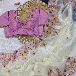 El último diseñador de boutique indio, la última blusa Sari de seda suave rosa blanca tradicional, ropa de fiesta elegante exclusiva llamativa - Product Image 3