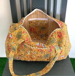 Handmade Eco-Friendly Large Capacity Cotton <b>Block</b> Print Mustard Floral Casual Weekender Duffle Bag Shopping/Travel/Gym <b>Yoga</b> Bag - Product Image 2