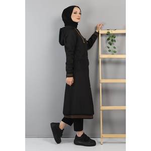 Manteau long à capuche côtelé pour femme, grande taille, en tissu tricoté, imprimé automne et décoré de boutons - Product Image 5
