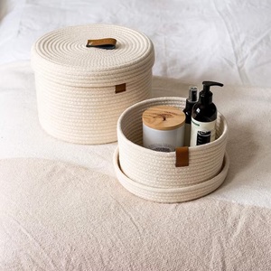 Organizador de mimbre de estilo bohemio multiusos de 2 piezas, cesta de almacenamiento de cuerda de algodón de alta calidad, cajas con tapa para una fácil organización del hogar - Product Image 1