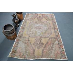 Tapis turc Vintage 4.4 X 7.1ft Beige Rose Laine Grande Surface Motif Abstrait Rectangle Couloir Design Nouveau Latex pour Décoration de Chambre - Product Image 1