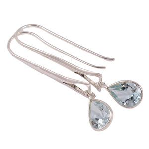 Pendientes de piedras preciosas de Topacio Azul, pendientes redondos de piedra azul de plata de ley sólida 925 para mujeres y niñas, pendientes colgantes de plata, plata - Product Image 1