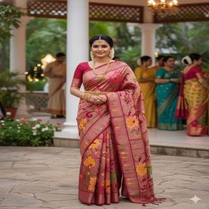 Sari de Seda Paithani VASTRA COTTAGE con Tejido Jacquard en Toda la Superficie, Diseño Tradicional con Blusa - Product Image 6