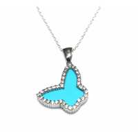 Collier Papillon en Argent Sterling 925 avec Pierre Turquoise Sertie en Bezel, Plaqué Rhodium Or Rose, Incrustation de Diamants, Style Tendance Blanc