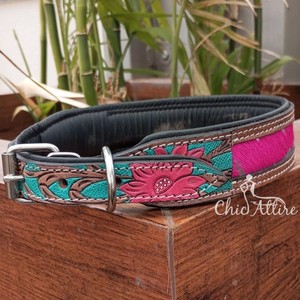 100% poils naturels sur cuir de vachette métallique collier de chien de marque usiné à la main collier rembourré Western gravé collier pour animaux de compagnie en cuir véritable - Product Image 1