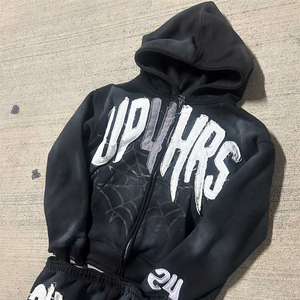 Top Trendy Sun Faded <b>Oversized</b> Zipper Hoodies Distressed Embroidered Cropped <b>Hoodie</b> Print for Men Knitted Fabric Long Front - Product Image 3