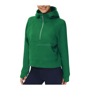 Sweats à capuche pour femmes demi-fermeture éclair à manches longues polaire pull court sweats avec poches trou pour le pouce - Product Image 1