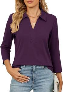 Chemisier élégant à col et manches 3/4 pour femme, qualité supérieure |   Haut décontracté en coton/élasthanne respirant à col en V doux |   Logo OEM personnalisé - Product Image 6