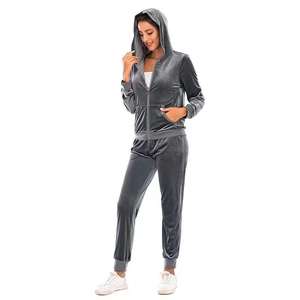Nouvelle conception de survêtement en velours personnalisé, ensemble de survêtement deux pièces de haute qualité, vêtements de sport pour femmes, fermeture éclair unie, vêtements d'entraînement - Product Image 4