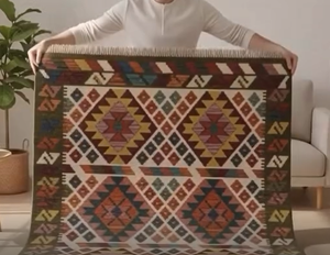 Tapis d'intérieur bohème, style vintage, tapis kilim en laine fait à la main, tissage plat géométrique, décoration de sol pour salon, cadeau unique pour la maison - Product Image 2