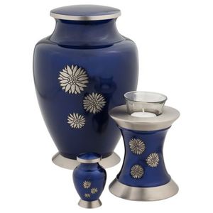 Urne funéraire de style américain 2025 Design de fleurs Urne commémorative en métal de couleur bleue pour les cendres humaines pour les amoureux - Product Image 1