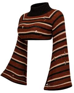 Manufacturer Custom <b>Brown</b> Black Striped Cropped Knit Sweater Women Turtleneck Flare Sleeve Distressed Winter Fashion Casual Top - Product Image 1