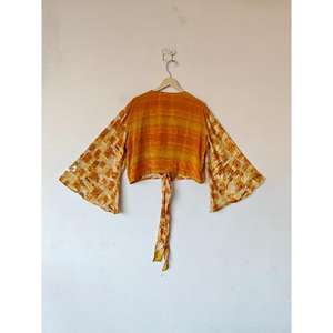 Ropa de fiesta de verano Top corto floral estampado estilo Vintage corbata Top Casual seda abrigo más tendencia Top corto de mujer con manga de campana - Product Image 6