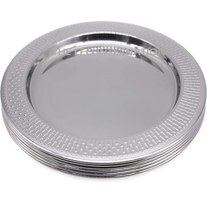 Assiette de présentation ronde en acier inoxydable 100 % pur avec bordure décorative, finition argentée, pour la restauration hôtelière - Product Image 3