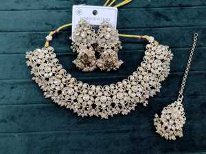 Conjunto de Joyería Tradicional India, Collar, Pendientes Maang Tikka para Boda, Gargantilla de Plata con Diamantes - Product Image 2