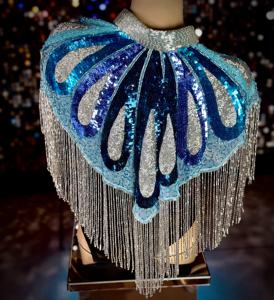 Elegante Burlesque Cape Club Dress Hermoso bordado sujeta el cuello Hebras rectas con cuentas Perla natural Sujetador incorporado 100% - Product Image 5