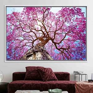 Tableau imprimé sur toile : décoration de paysage floral avec arbre à fleurs roses, toile encadrée blanche - Product Image 1