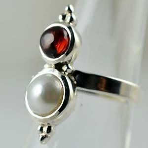 925 Sterling <b>Silver</b> Handmade <b>Ring</b> with Freshwater Pearl and <b>Garnet</b> Boho June Birthstone Jewelry Perfect Gift for Her Birthday - Product Image 5
