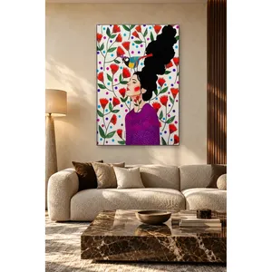 Fida Femme en profil avec oiseau sur fond blanc avec fleurs rouges Impression sur toile - Product Image 1