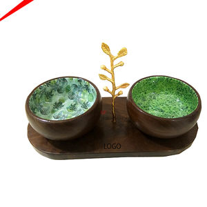Handmade Decorative Wooden <b>Enamel</b> Serving Bowl with Golden Metal Stand and Wooden <b>Tray</b> Serving Bowl for Hotels Home Decor - Product Image 1