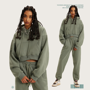 Women's Sage Green <b>Cropped</b> Hoodie <b>Jogger</b> Pants Set Oversized Casual Loungewear Two Trackstar OEM Private Label - Product Image 1