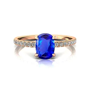Anel de ouro maciço 18K com diamantes certificados, anel de Tanzanita natural com pedras preciosas cortadas com almofada longa de 5x7mm para mulheres