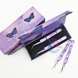 แหนบต่อขนตาพิมพ์รูปผีเสื้อสีม่วงทำจากสเตนเลสปลายโค้งแบบแยกกล่องออกแบบได้ตามต้องการ - Product Image 5