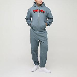 Pantalon de survêtement à capuche en coton imprimé bouffant de logo personnalisé pour hommes ensemble de jogging 2 pièces Streetwear surdimensionné avec fermeture éclair survêtement pour l'hiver - Product Image 3