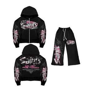 ชุดเสื้อมีฮู้ดและกางเกงกันหนาวพร้อมกางเกงรัดรูปสีแอซิดสไตล์วินเทจประดับพลอยเทียมเฟรนช์เทอร์รี่ - Product Image 3