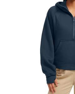 Navy <b>Blue</b> Half Zip <b>Hoodie</b> <b>Womens</b> Warm Fleece Pullover With Hood Casual Winter Wear Oversized Style Soft Material Kangaroo Pocket - Product Image 2