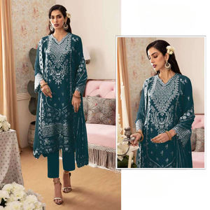 Material de vestido de seda de estilo étnico pakistaní con bordado y patrón pintado a mano y a cuadros para adultos Dupatta - Product Image 2