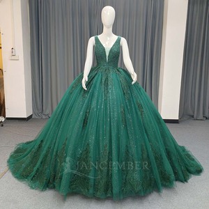 Vestido de Fiesta Largo hasta el Suelo con Cuello en V, Apliques de Lentejuelas Brillantes ANY191, Color Verde Esmeralda, Estampado Natural, Estilo Princesa - Product Image 1