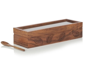 Boîte à épices multi-usages en bois gravée à la main avec cuillère en bois de sheesham Namak Daani avec 3 cloisons et cuillère - Product Image 2