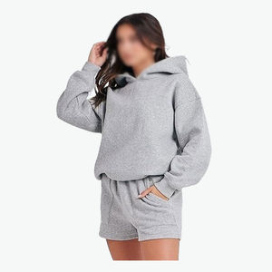 Conjunto de sudadera con capucha y pantalones cortos de punto sólido por encima de la rodilla informal para mujer diseño personalizado 2025 - Product Image 4