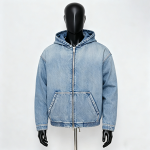 OEM Custom Hemp/Organic Cotton Winter Anti-Wrinkle Blue Denim Pullover for <b>Men</b> Boxy Formal Hooded Zip Rhinestone Front Logo - Product Image 1